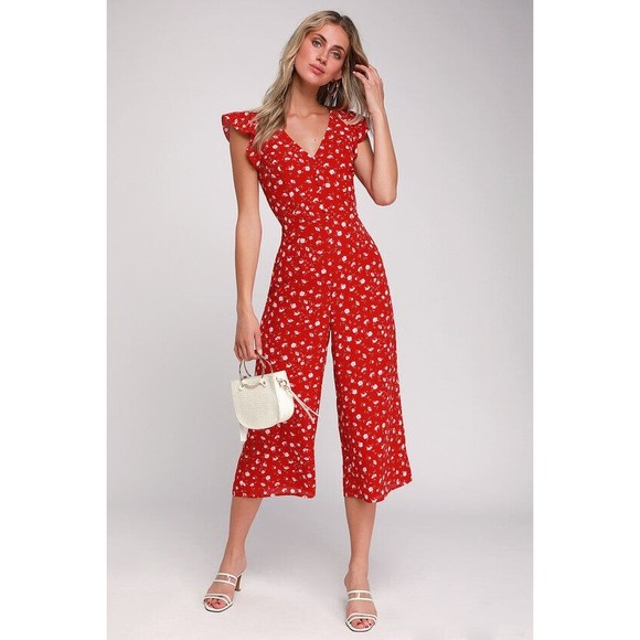 Lulus Pants - Lulus Floreal Love Red Floral Print Ruffled Culotte Jumpsuit Size Small